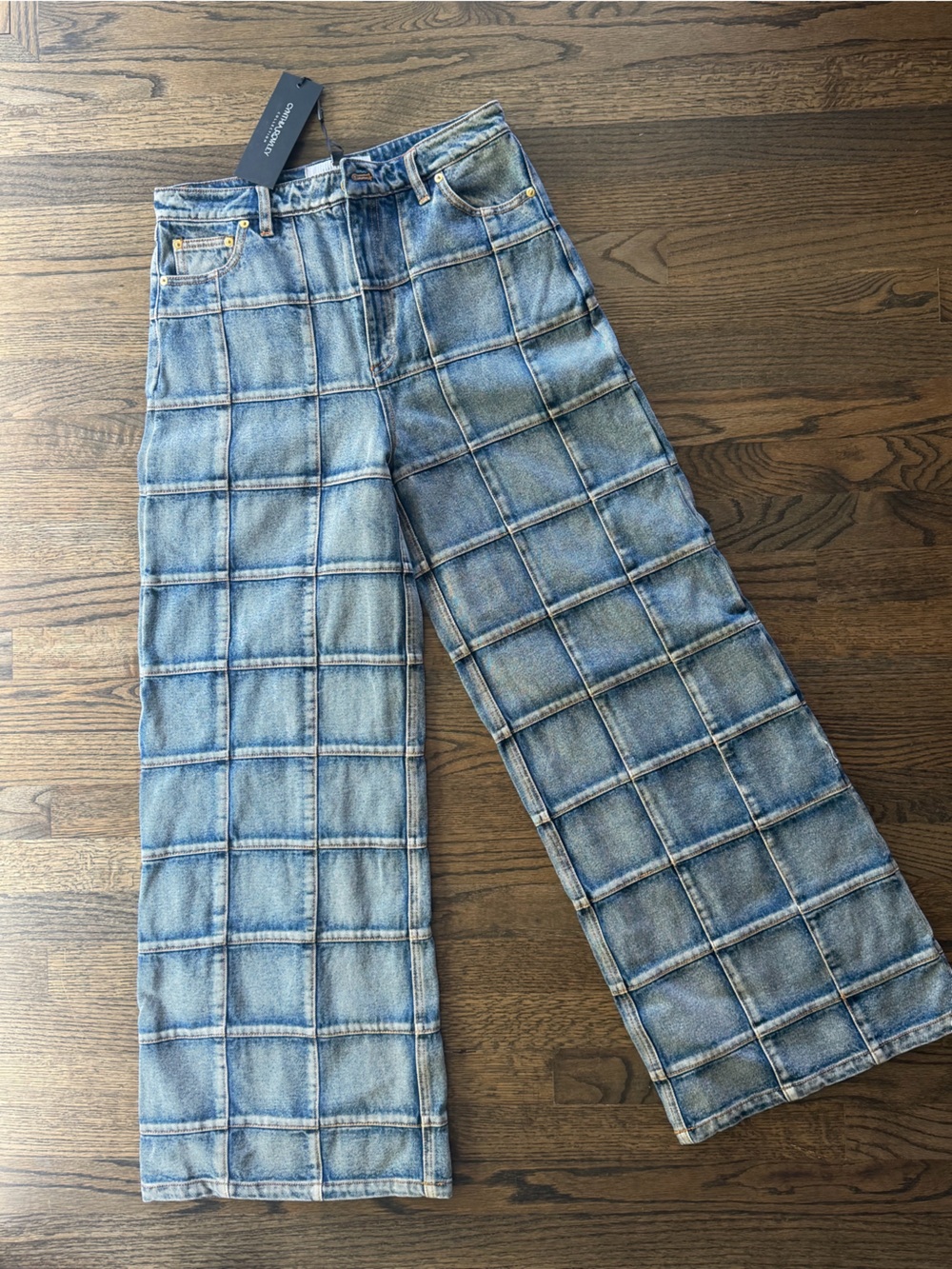 Cynthia Rowley Light Blue Grid Patchwork Wide-Leg Jeans - Picture 2 of 6